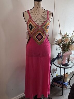 Hot Pink Crochet-Accent Midi Dress with Spaghetti Straps Boho Granny Size S